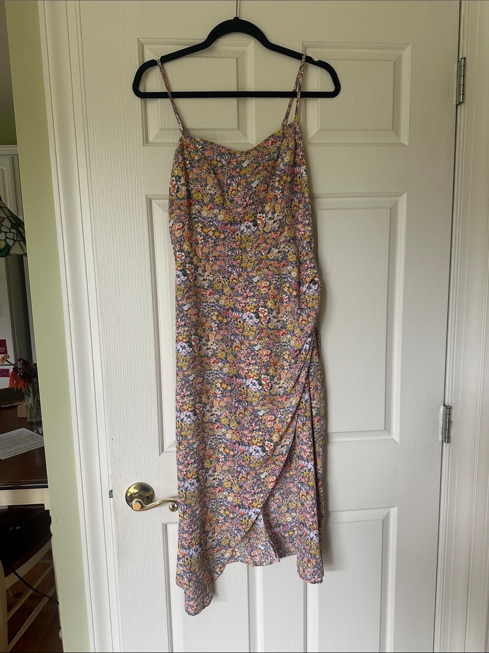 Floral Slip Midi Dress with Spaghetti Straps in Pink and Yellow